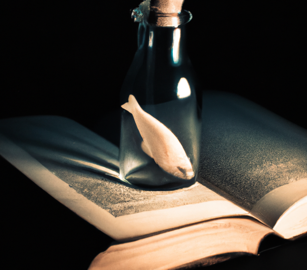 A corked bottle sits on top of a large open book, The bottle is filled with water, and in the water is a white fish.