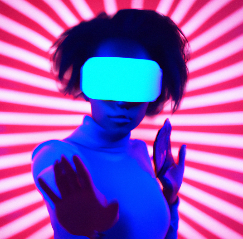 Brightly coloured, neon glow image of a woman wearing a VR headset