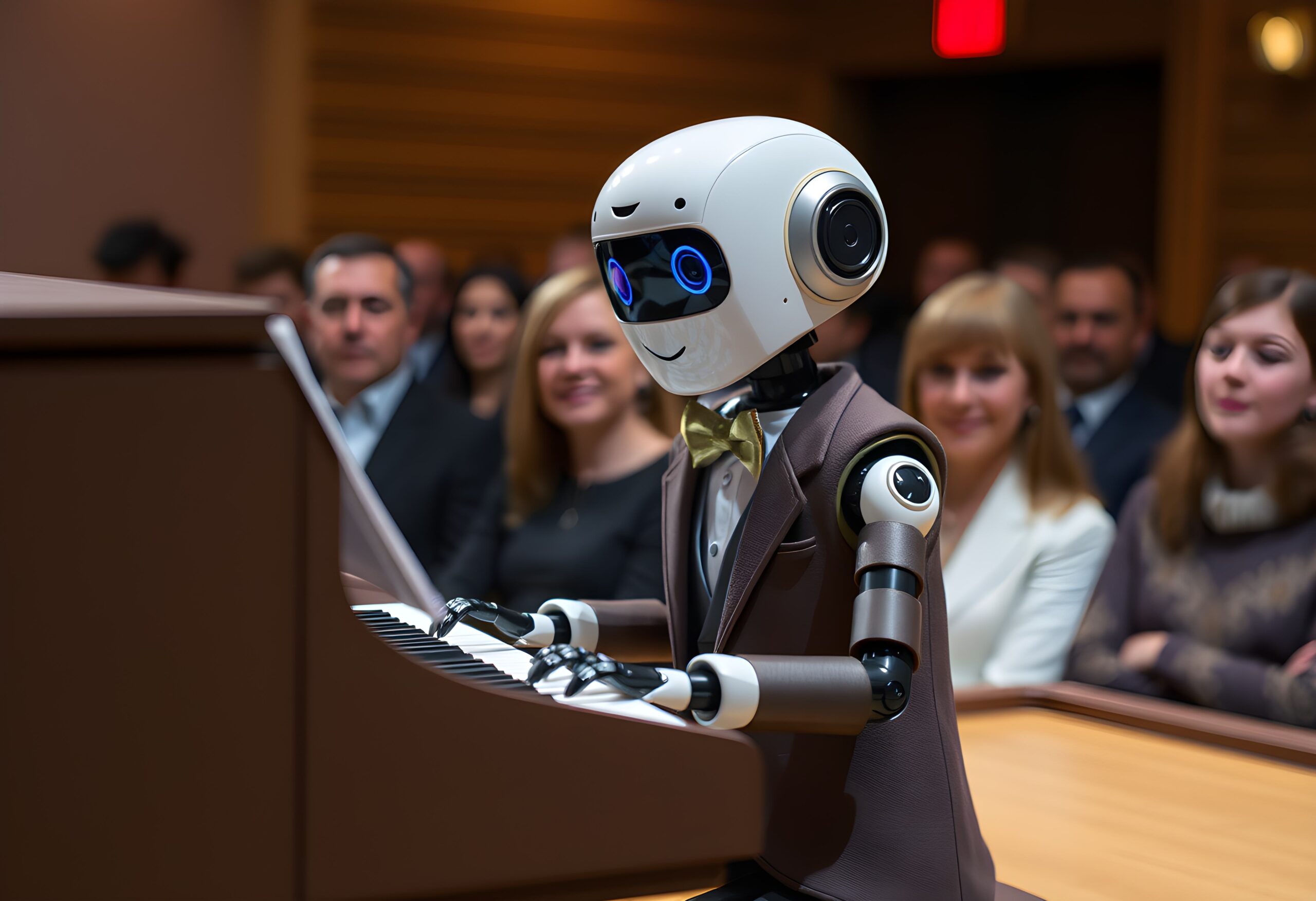 A small robot, dressed in formal attire, sits at a piano. He is playing to an audience who are sitting in the background and he is smiling.